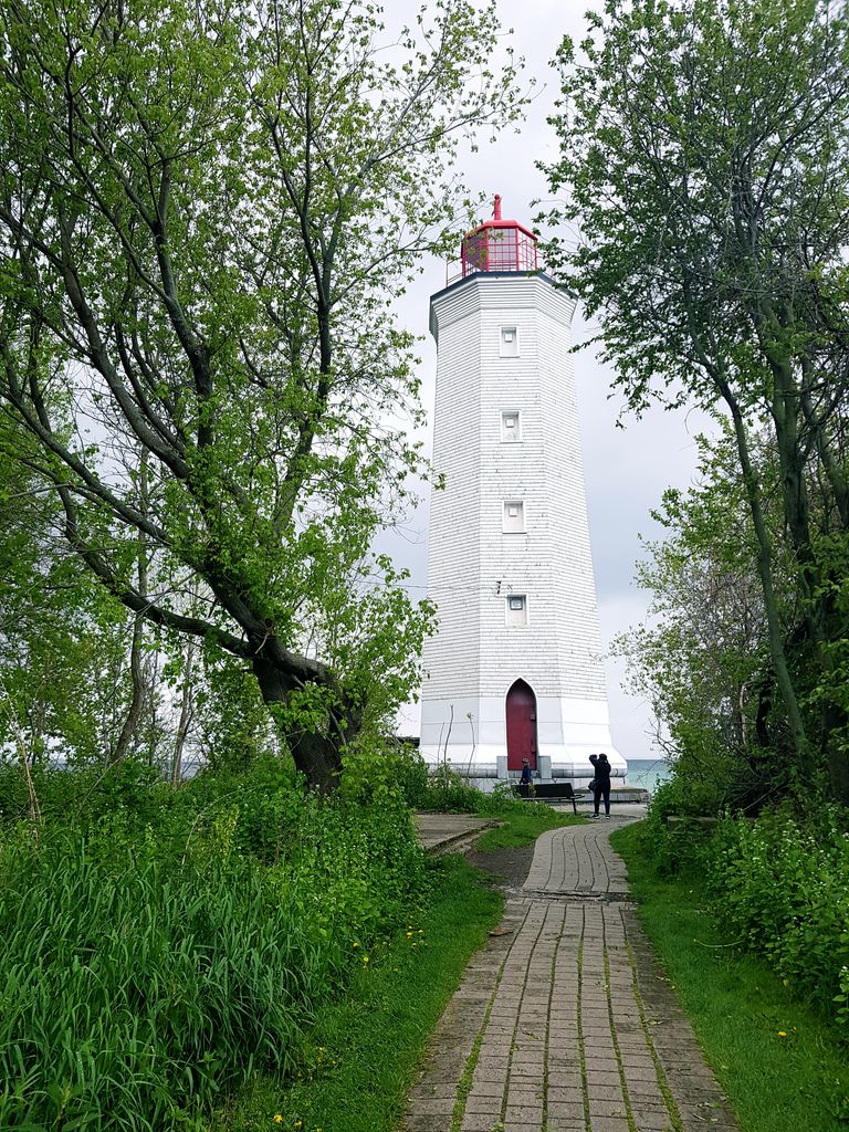A tall white lighthouse surrounded by lush green trees and grassy pathways, creating a serene outdoor scene.