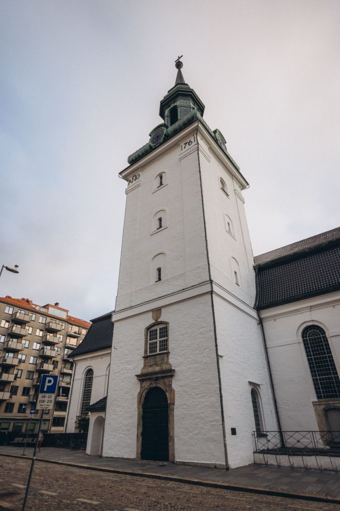 A captivating view of the historic Bergen Cathedral’s tower in Norway.